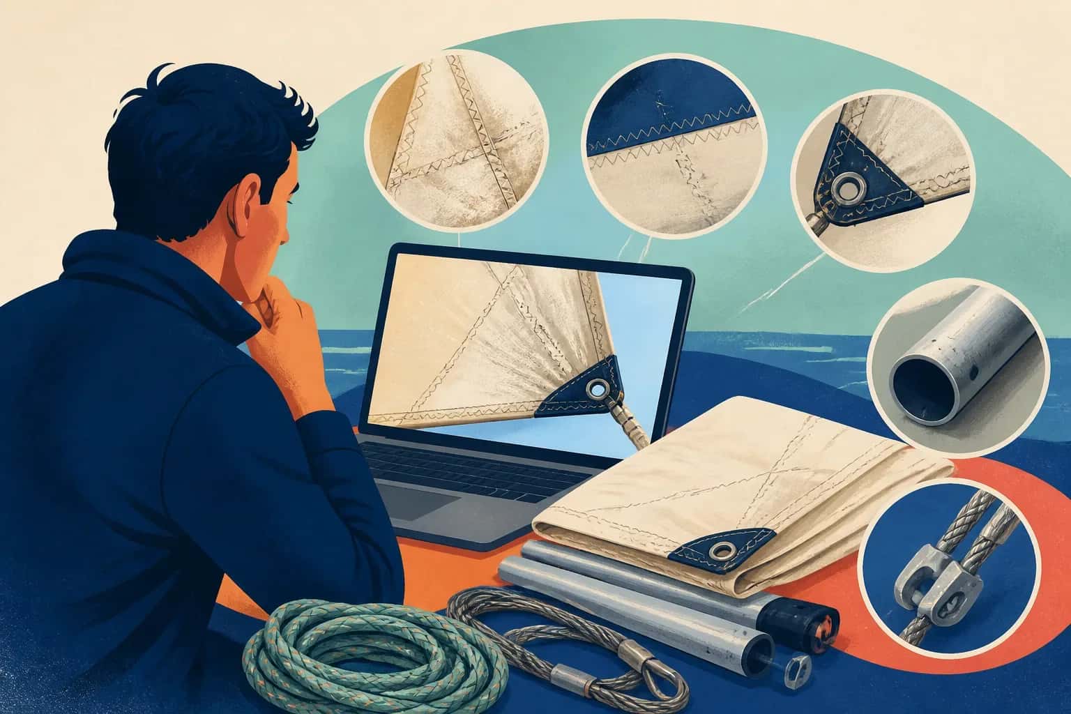 Editorial sailing illustration for What checks should I perform when buying second-hand sails, spars or rigging online?